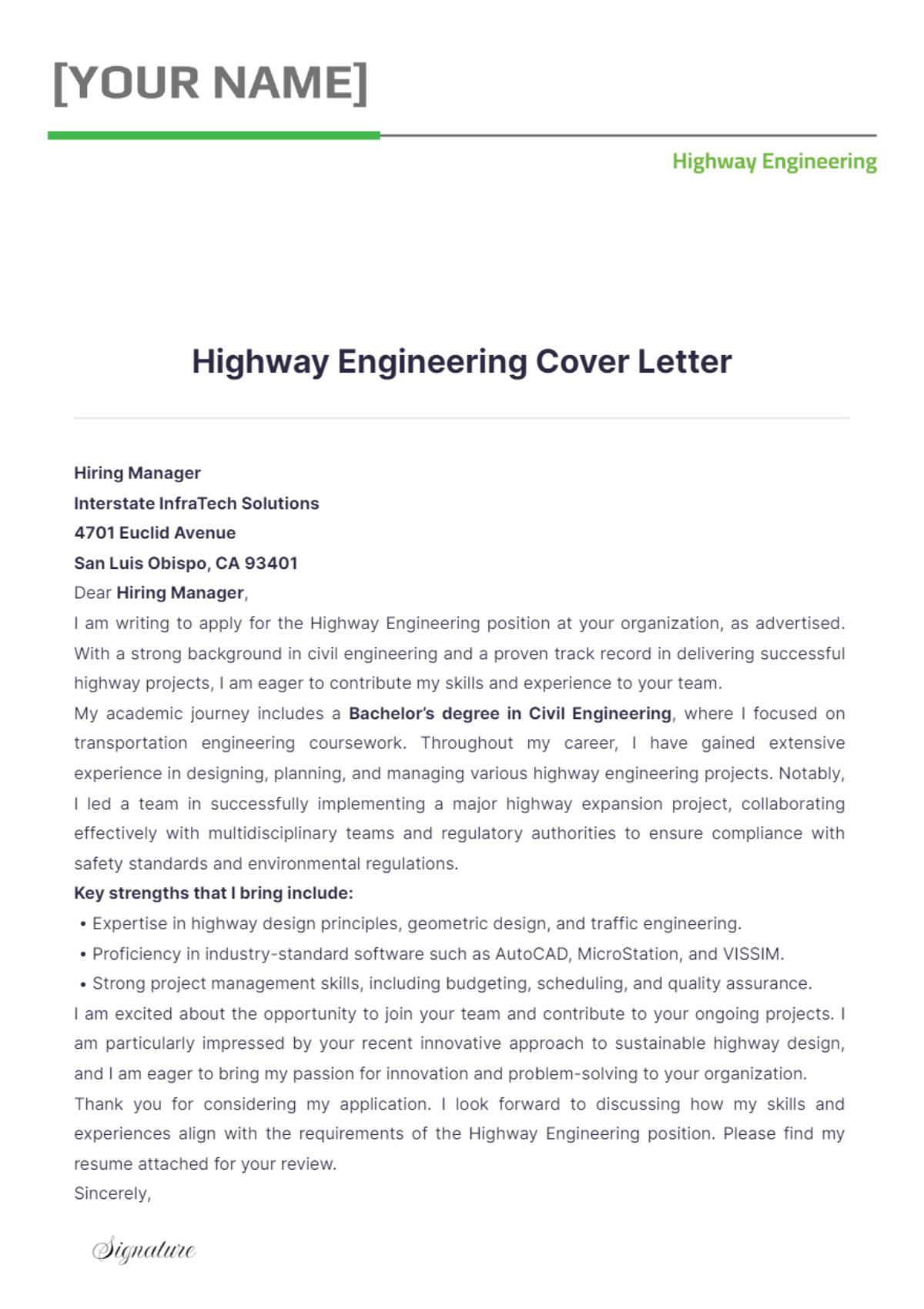 Highway Engineering Cover Letter - Edit Online & Download