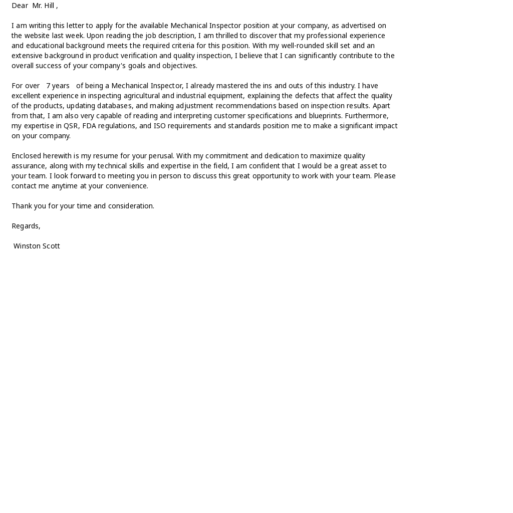 Free Mechanical Inspector Cover Letter Template - Google Docs, Word ...