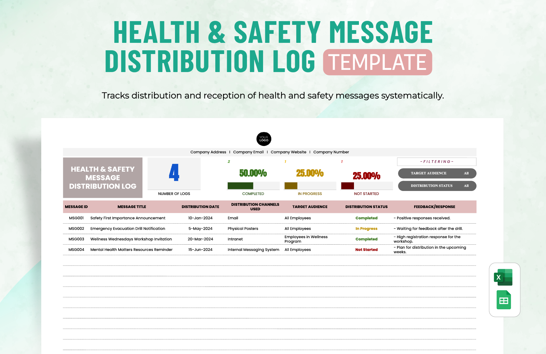 Health & Safety Message Distribution Log Template in Excel, Google Sheets