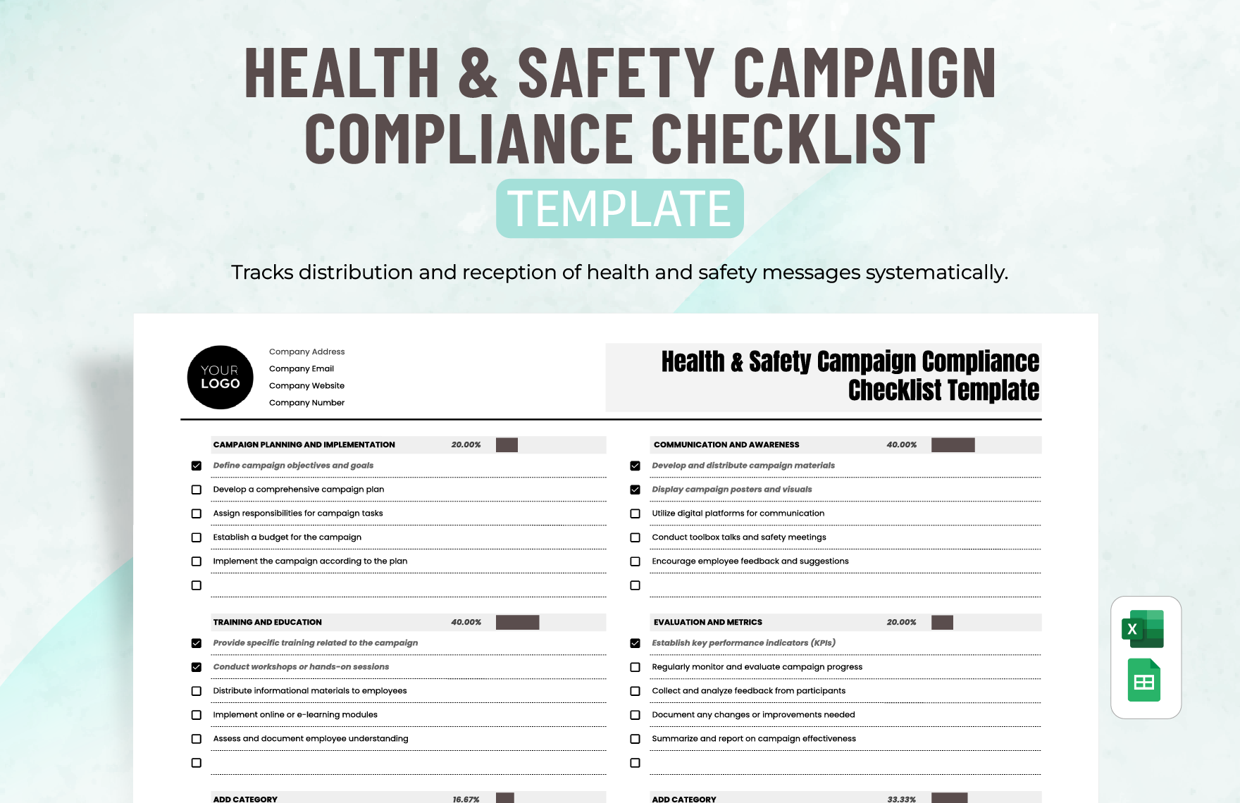 Health & Safety Campaign Compliance Checklist Template in Excel, Google Sheets