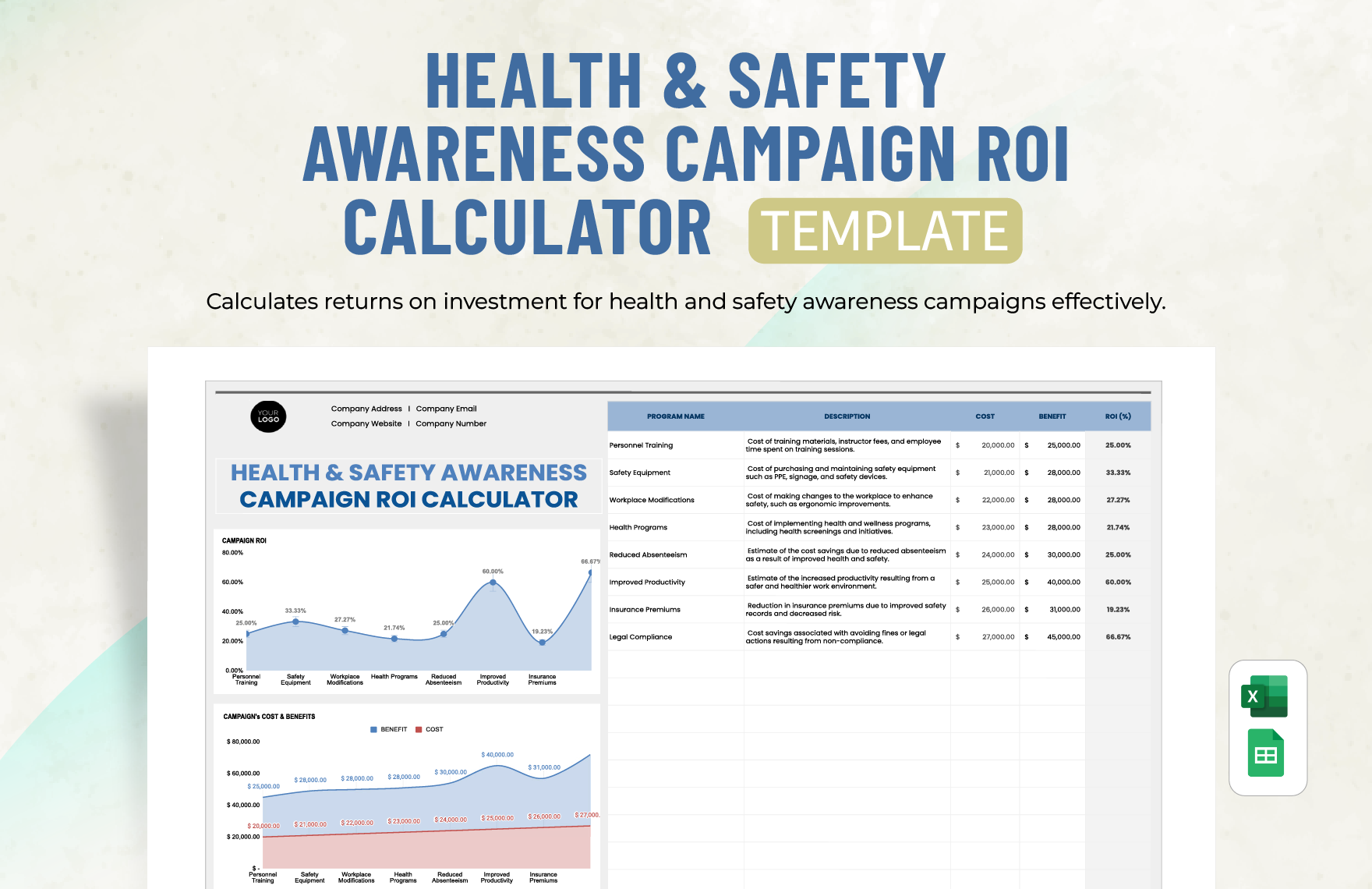 Health & Safety Awareness Campaign ROI Calculator Template in Excel, Google Sheets