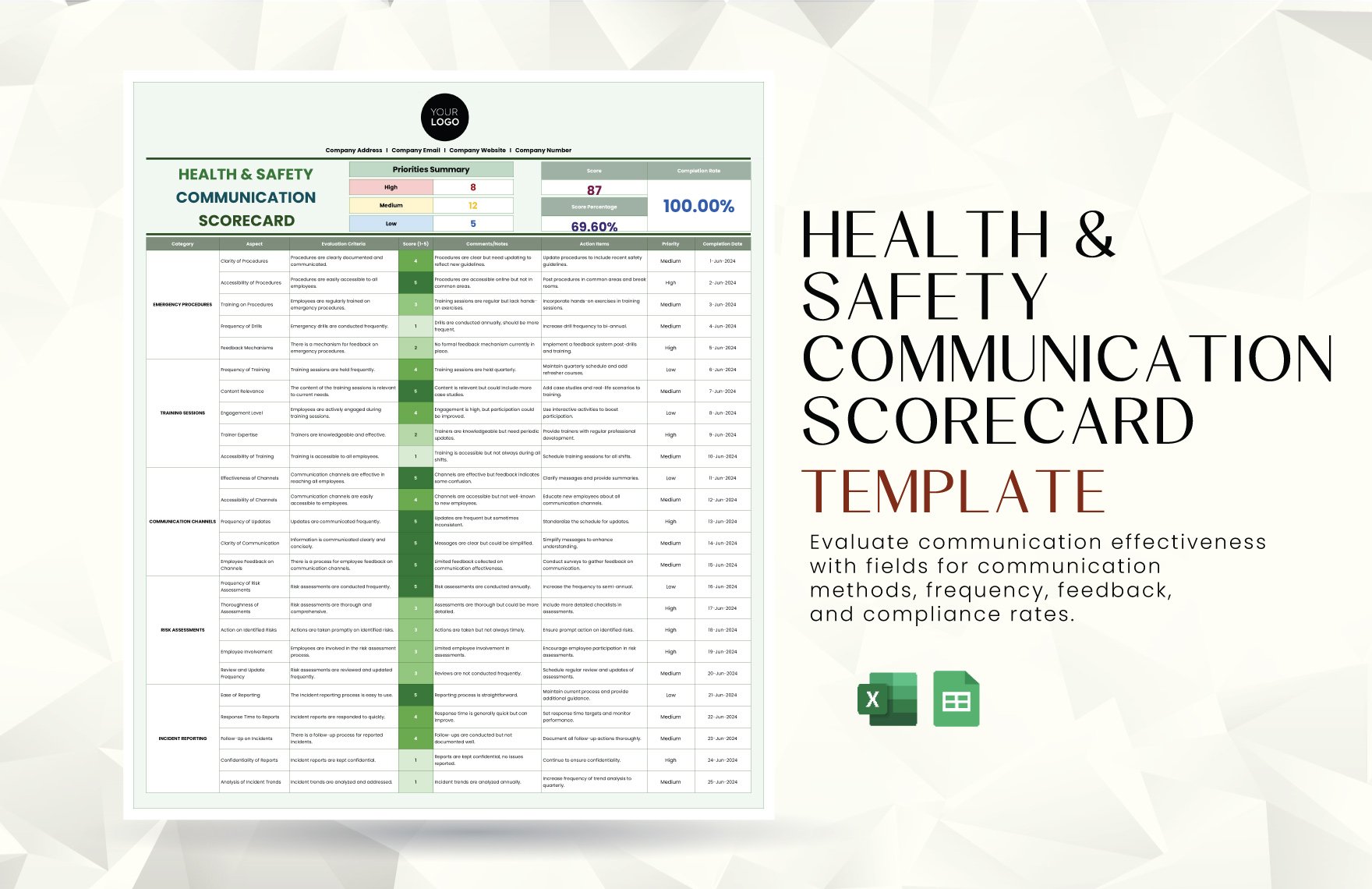 Health & Safety Communication Scorecard Template in Excel, Google Sheets