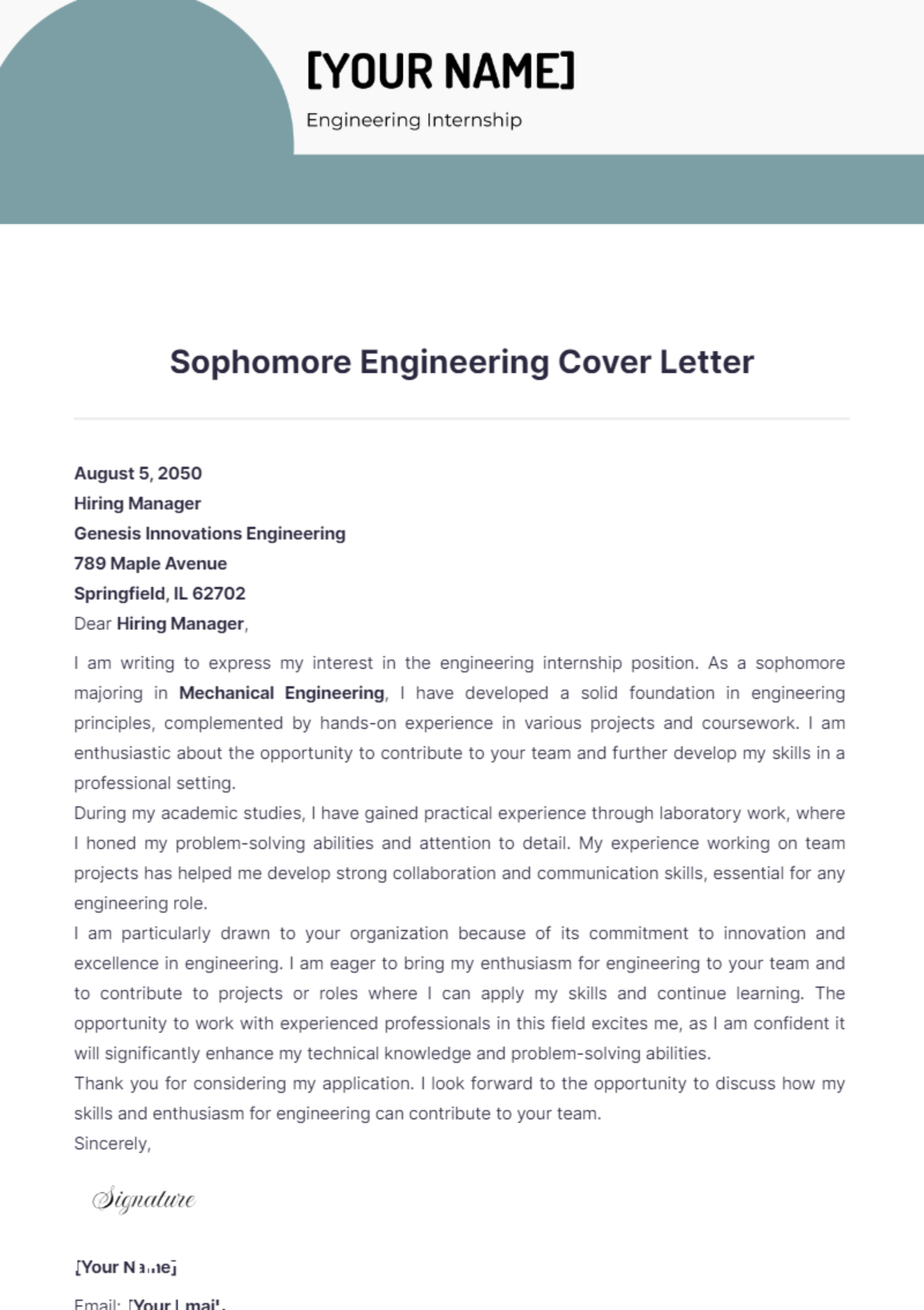 Sophomore Engineering Cover Letter - Edit Online & Download