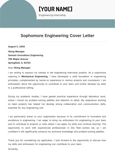 Free Sophomore Engineering Cover Letter to Edit Online