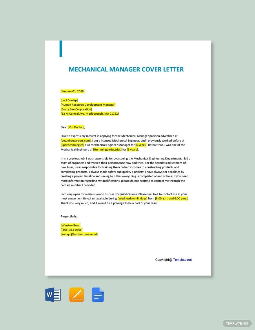 Mechanical Manager Cover Letter