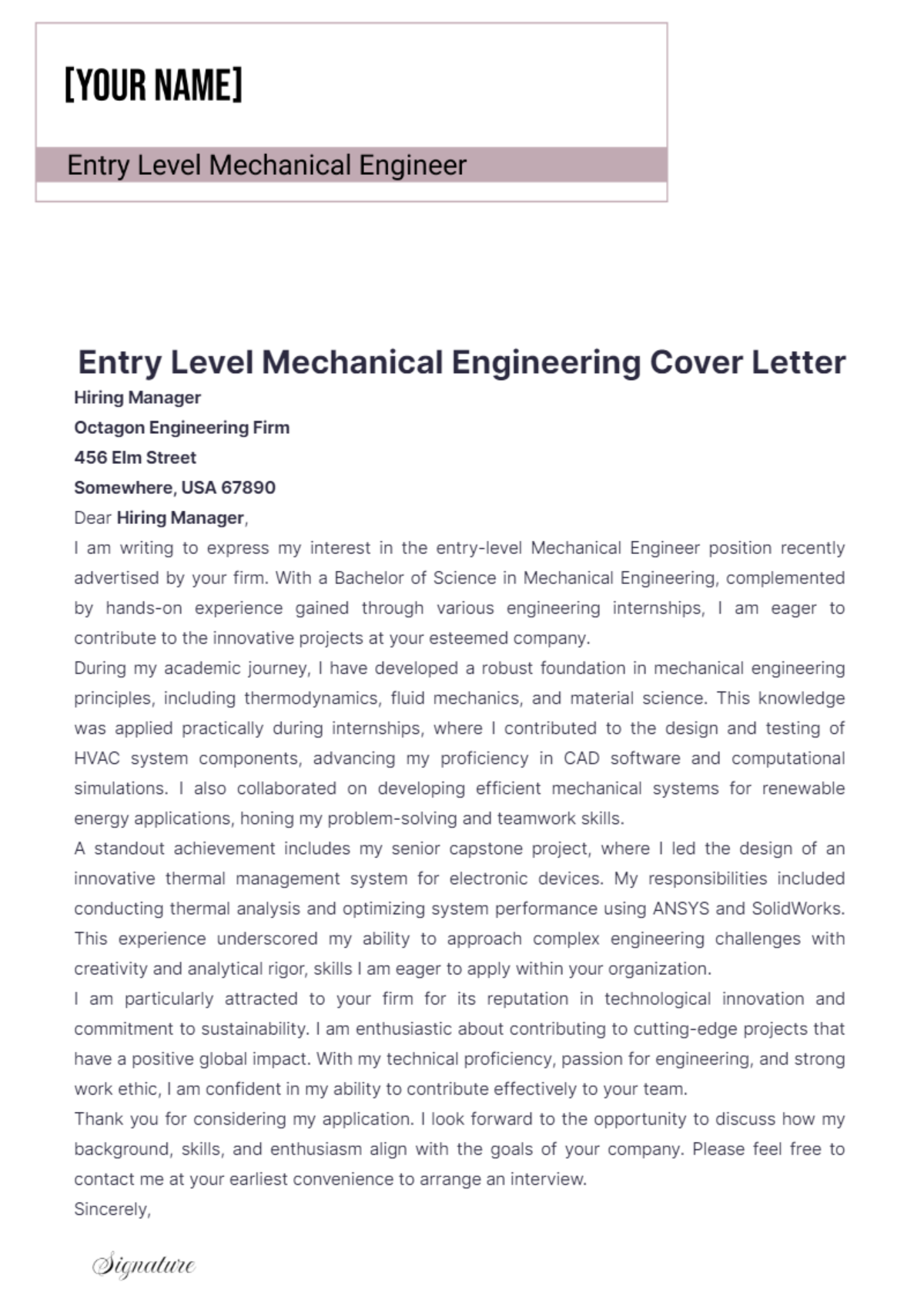 Entry Level Mechanical Engineering Cover Letter - Edit Online & Download