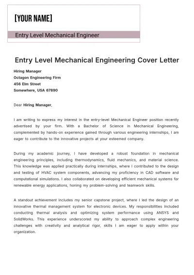 Free Entry Level Mechanical Engineering Cover Letter to Edit Online