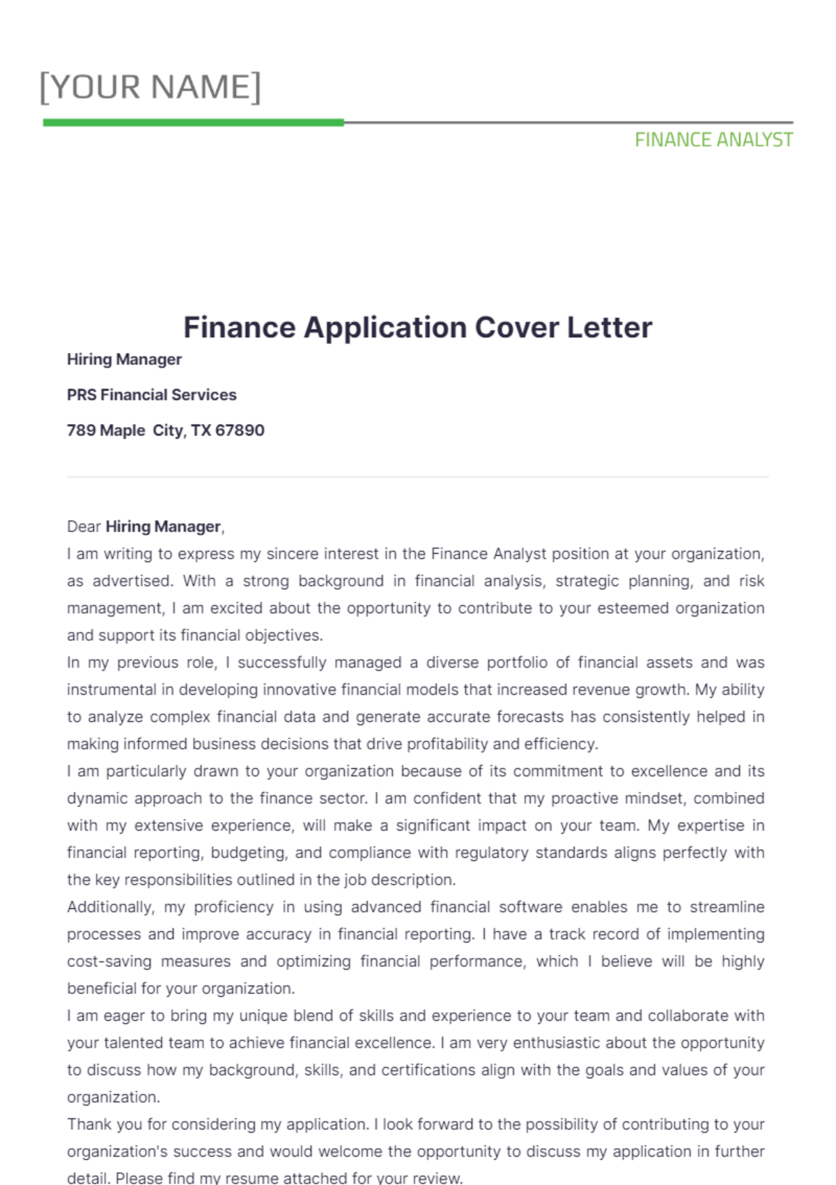 Finance Application Cover Letter - Edit Online & Download