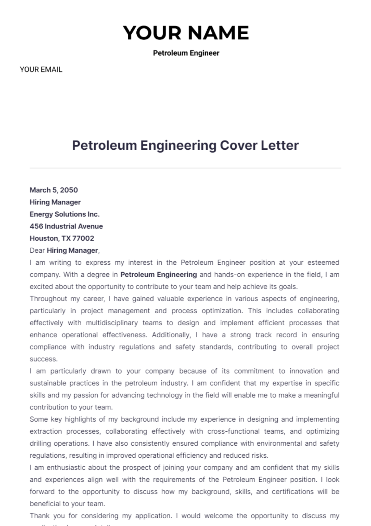 Petroleum Engineering Cover Letter - Edit Online & Download