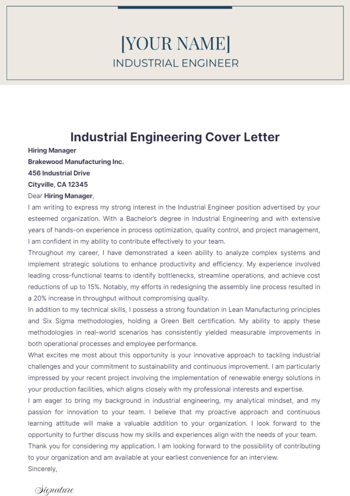 Industrial Engineering Cover Letter - Edit Online & Download