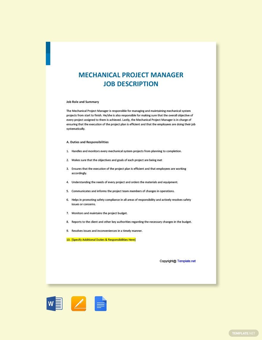 Mechanical Project Manager Job Ad/Description Template - Google Docs