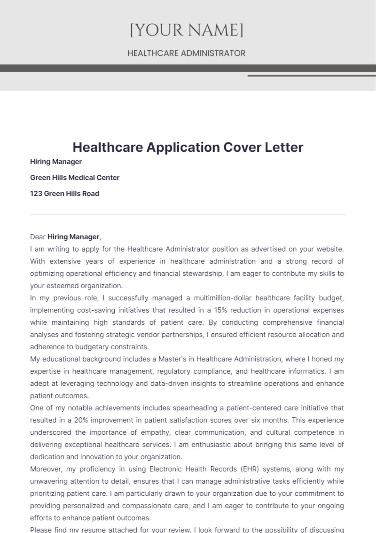 Healthcare Application Cover Letter - Edit Online & Download