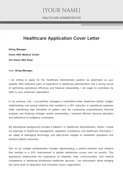 Free Healthcare Application Cover Letter to Edit Online