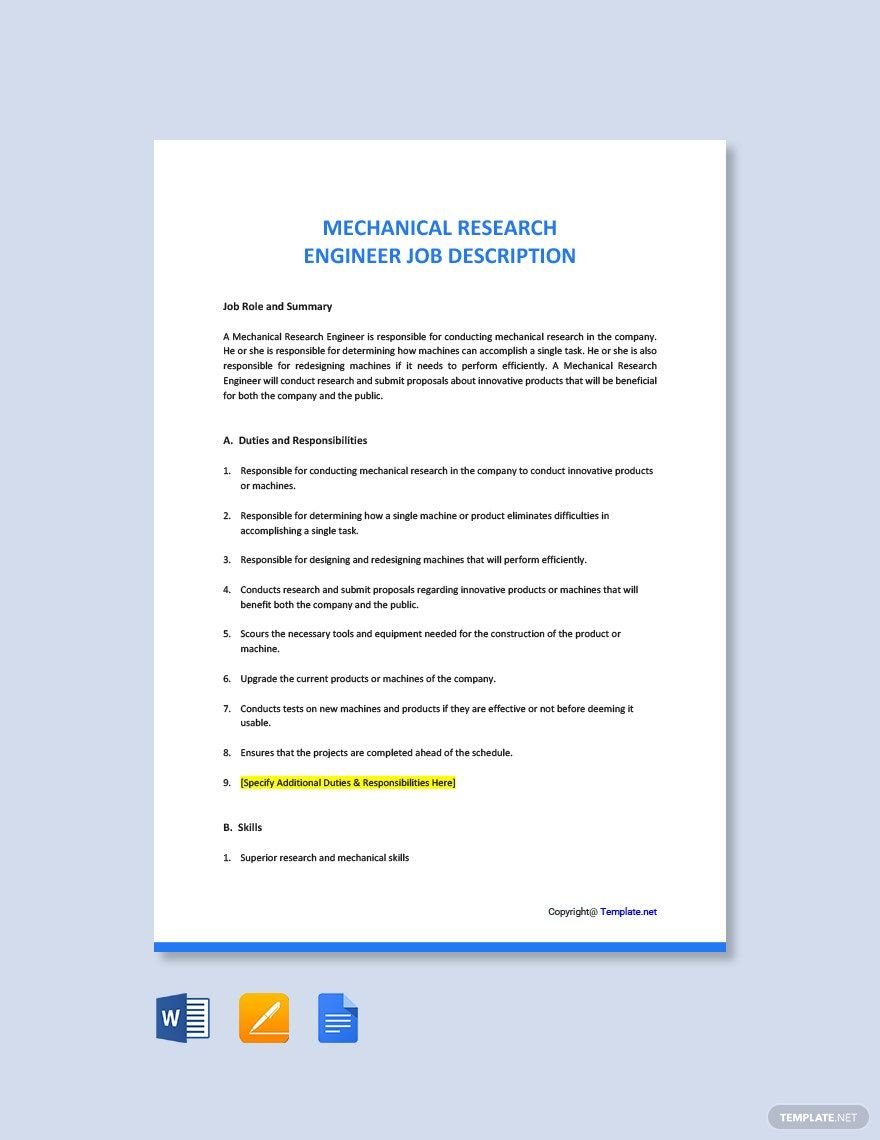 Mechanical Research Engineer Job Ad/Description Template in Word, Google Docs, PDF, Apple Pages