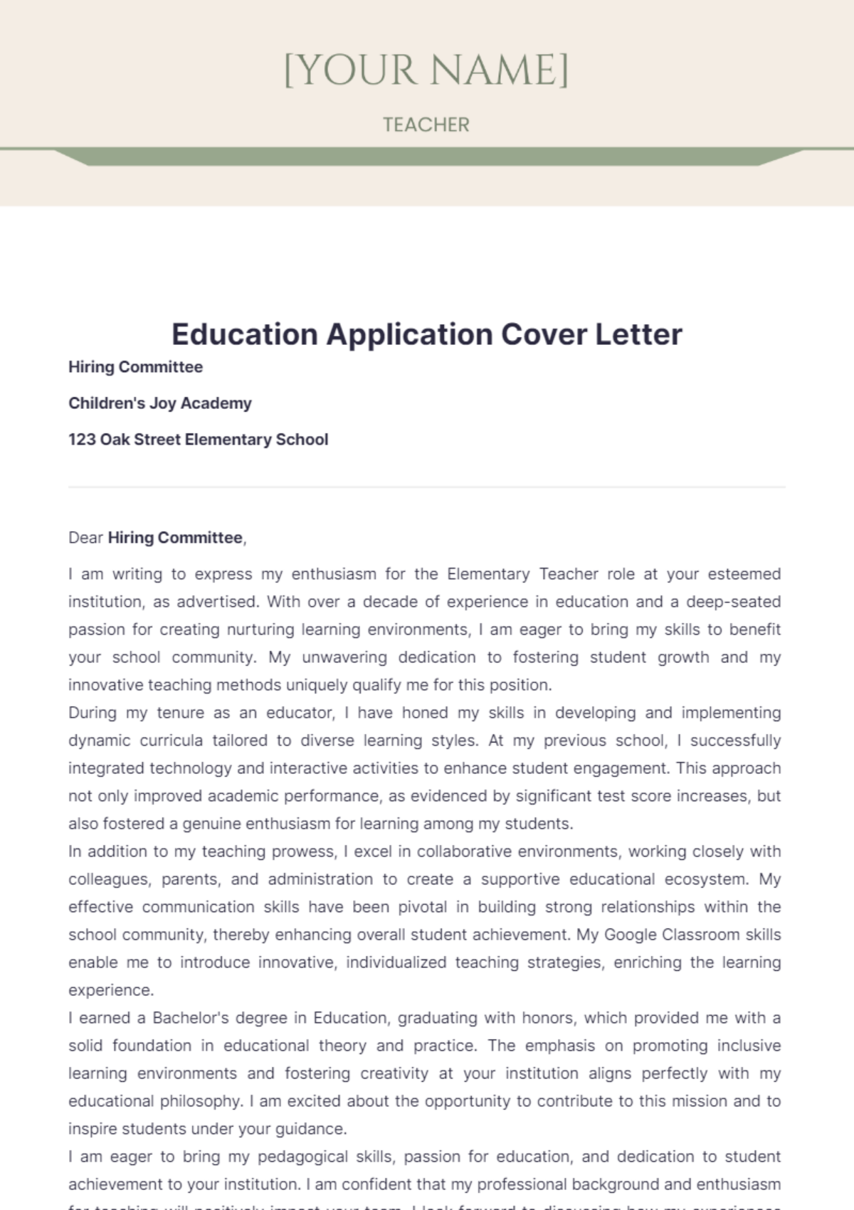 Education Application Cover Letter - Edit Online & Download