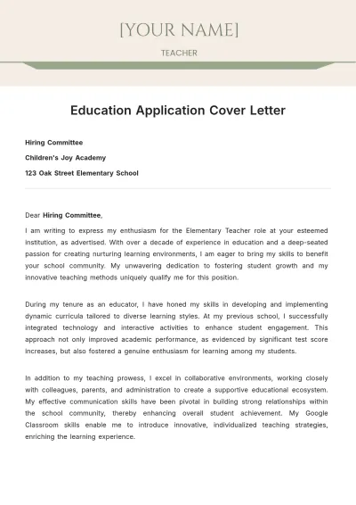 Free Education Application Cover Letter to Edit Online