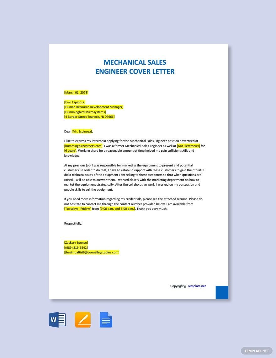 Mechanical Sales Engineer Cover Letter