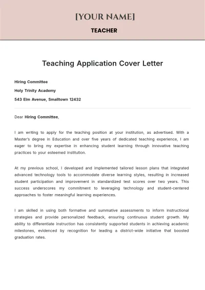 Free Teaching Application Cover Letter to Edit Online
