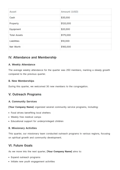 Free Church Quarterly Report Template to Edit Online