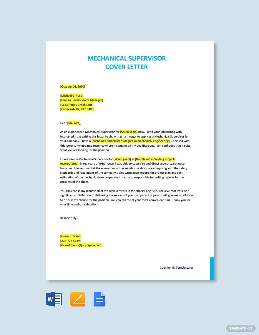 Mechanical Supervisor Cover Letter