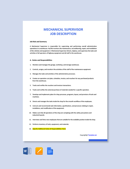 Free Mechanical Supervisor Job Description Word Google Doc