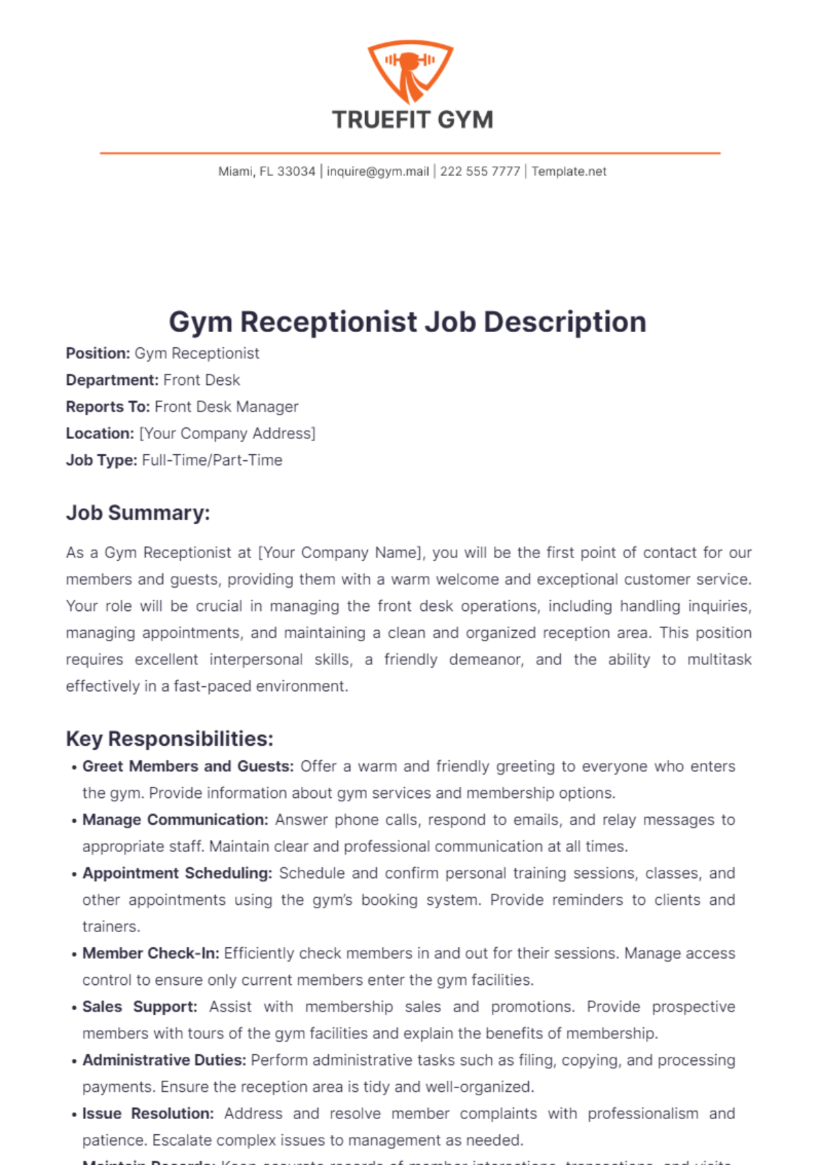 Gym Receptionist Job Description Template - Edit Online & Download