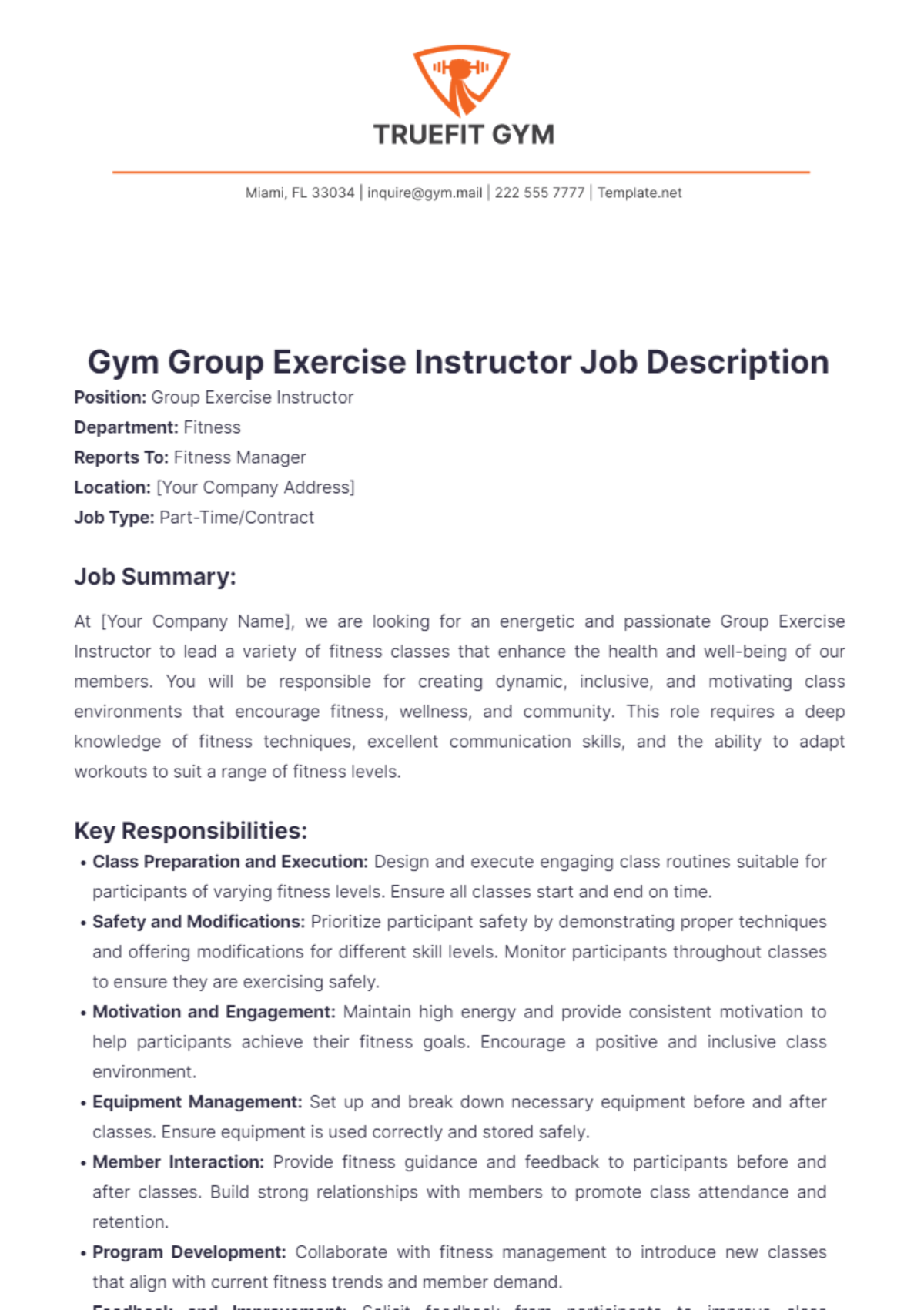 Gym Group Exercise Instructor Job Description Template - Edit Online & Download