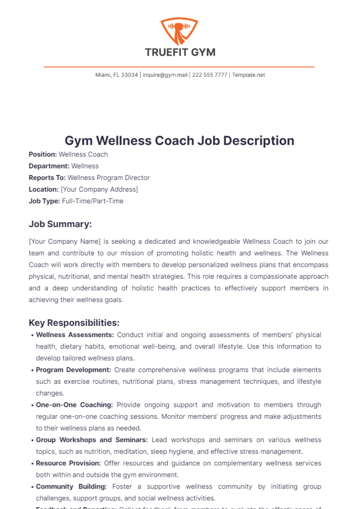 Gym Wellness Coach Job Description Template - Edit Online & Download