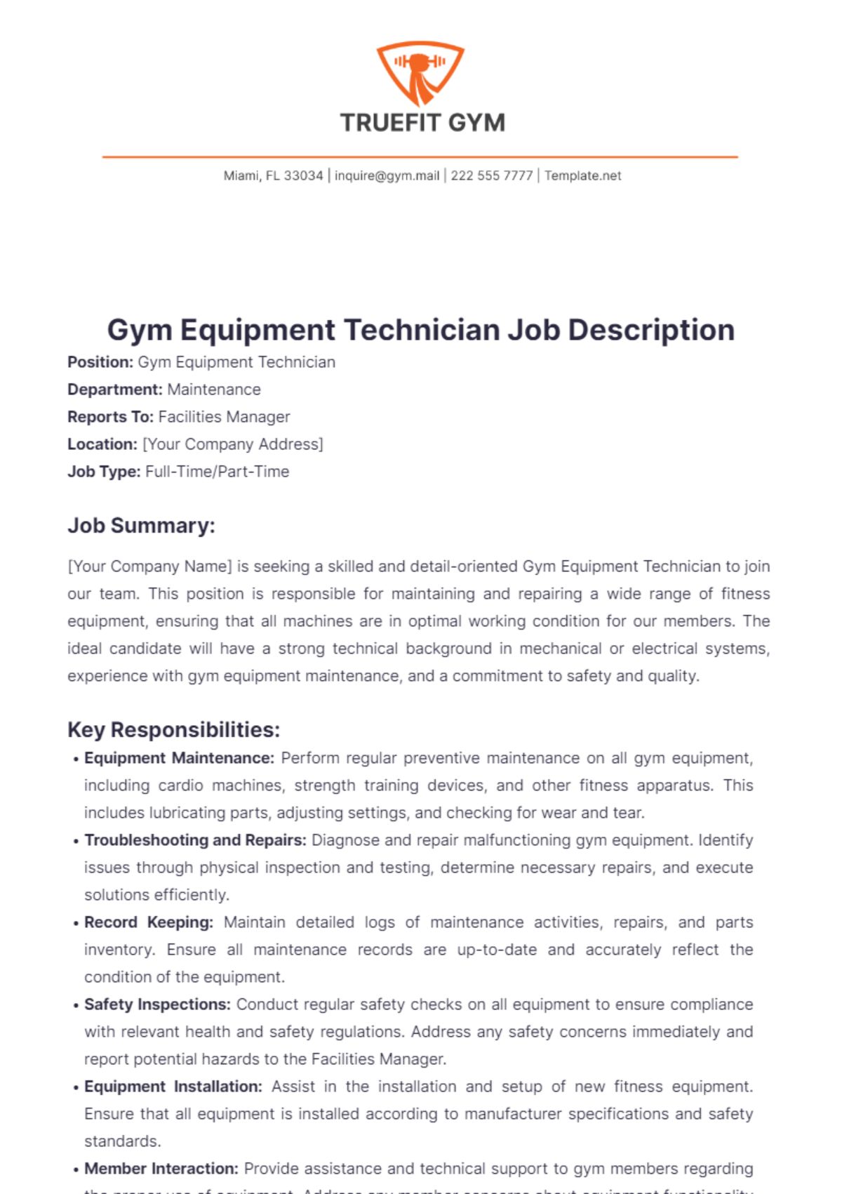 Gym Equipment Technician Job Description Template - Edit Online & Download