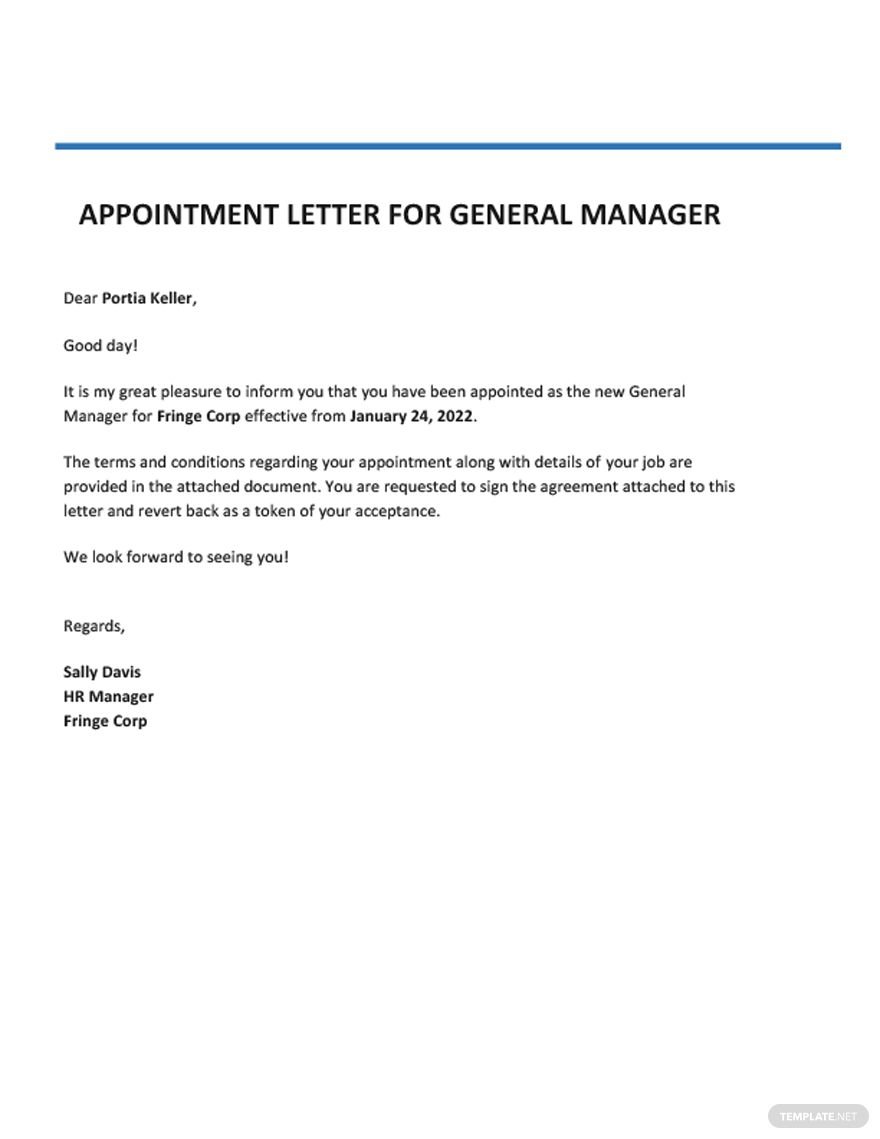 Appointment Letter for General Manager Template