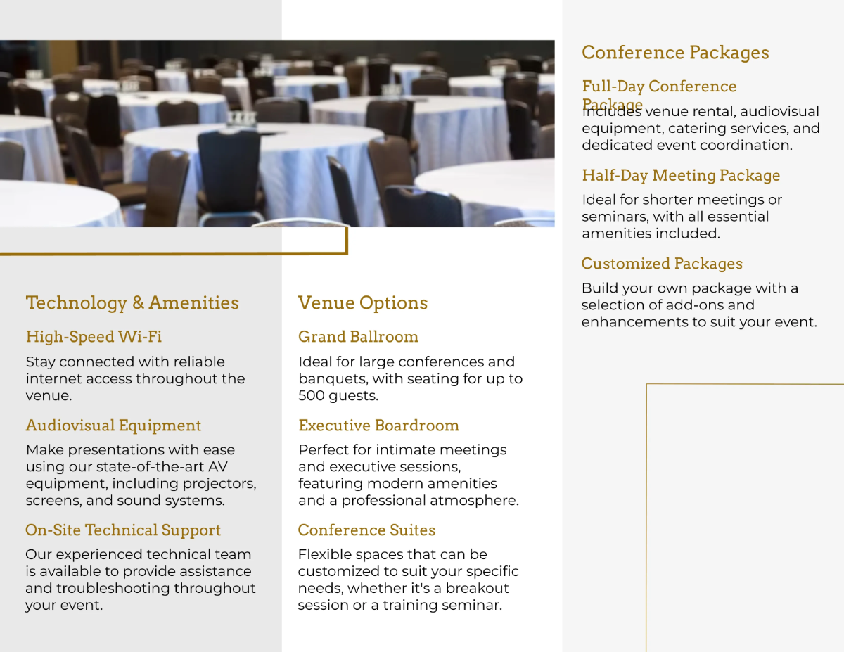 Free Hotel Conference Facilities Brochure Template to Edit Online