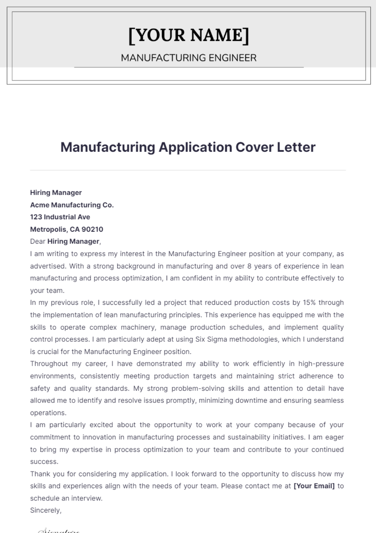 Manufacturing Application Cover Letter - Edit Online & Download