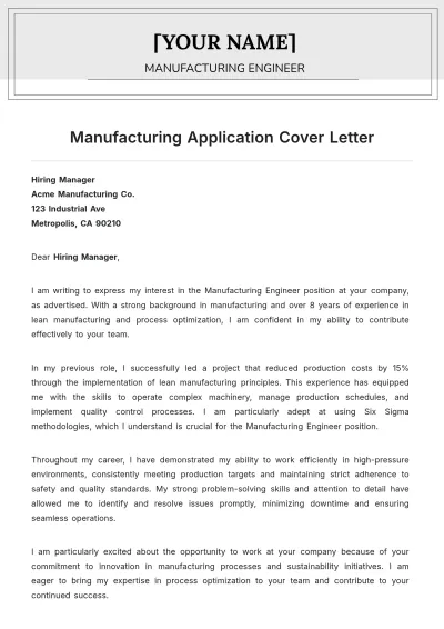 Free Manufacturing Application Cover Letter to Edit Online
