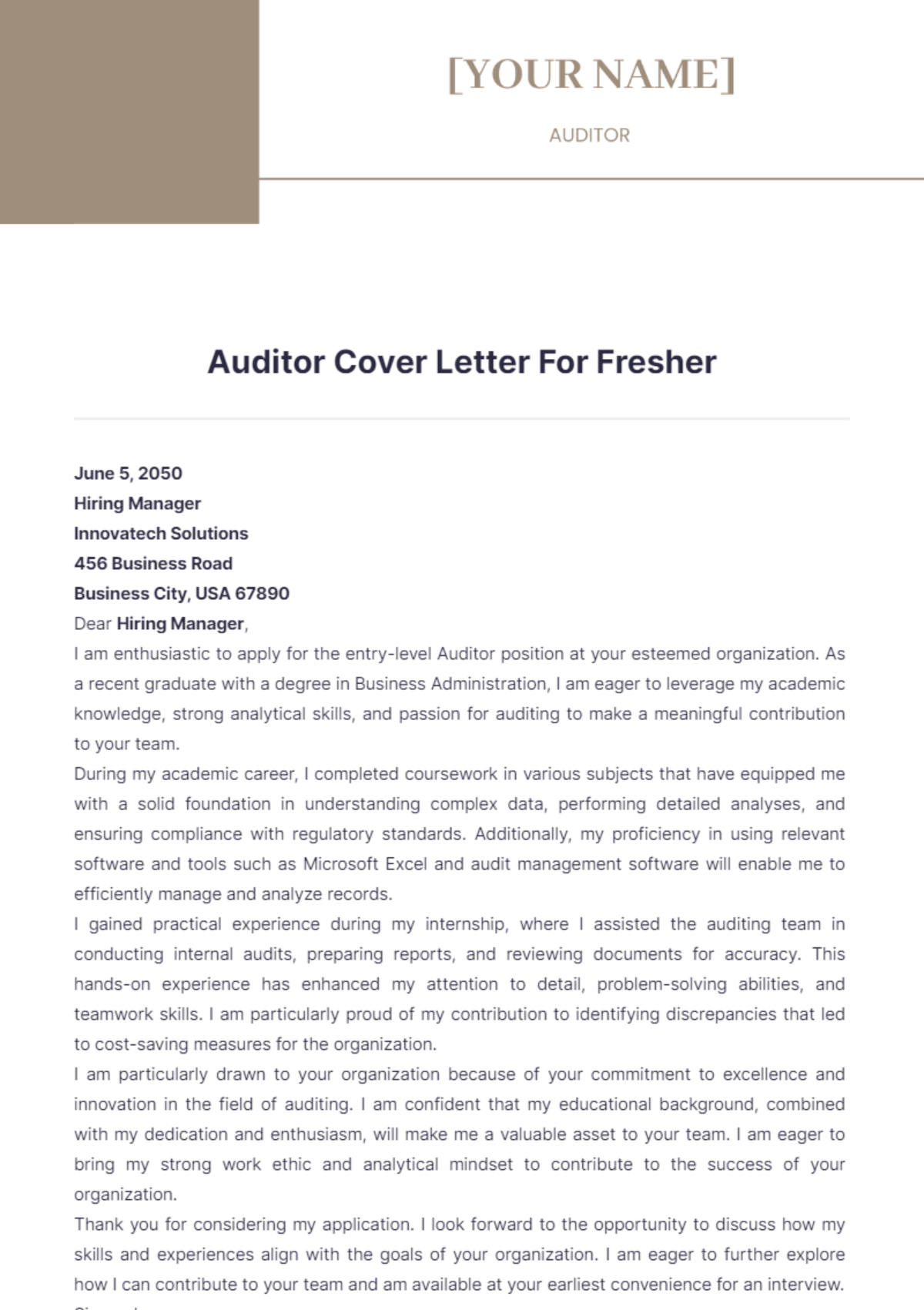 Auditor Cover Letter For Fresher - Edit Online & Download