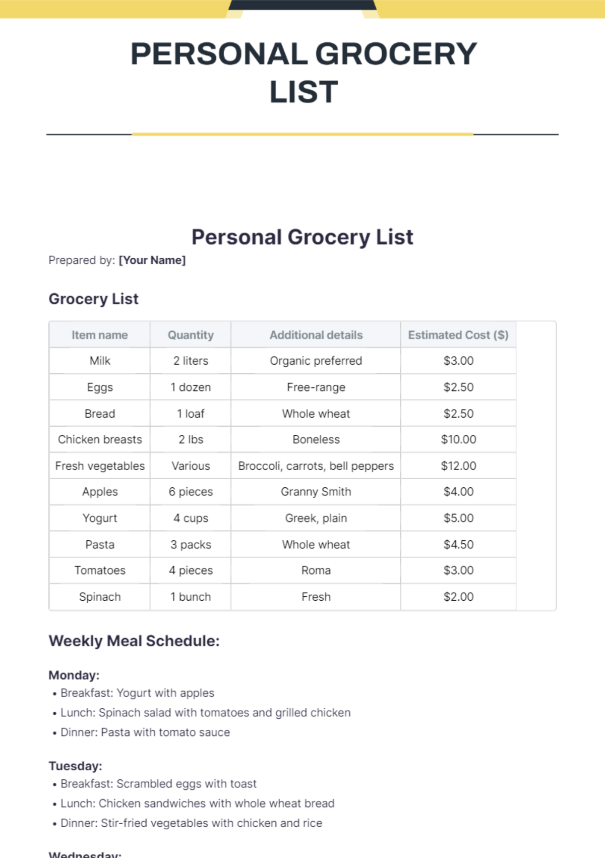 Personal Grocery List Template - Edit Online & Download