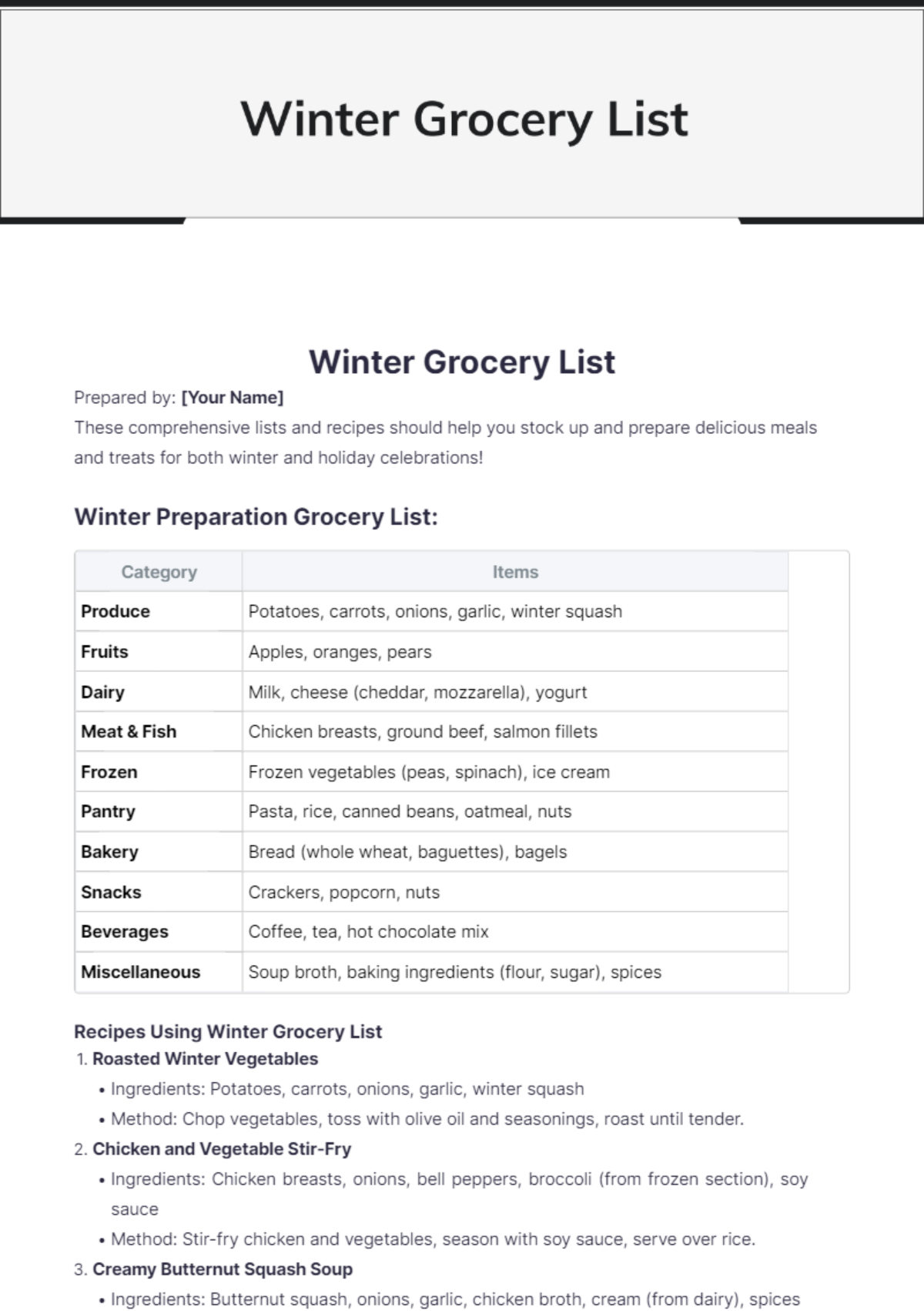 Winter Grocery List Template - Edit Online & Download