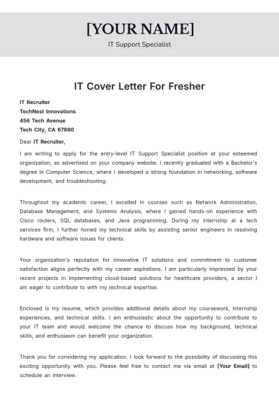Free IT Cover Letter For Fresher to Edit Online