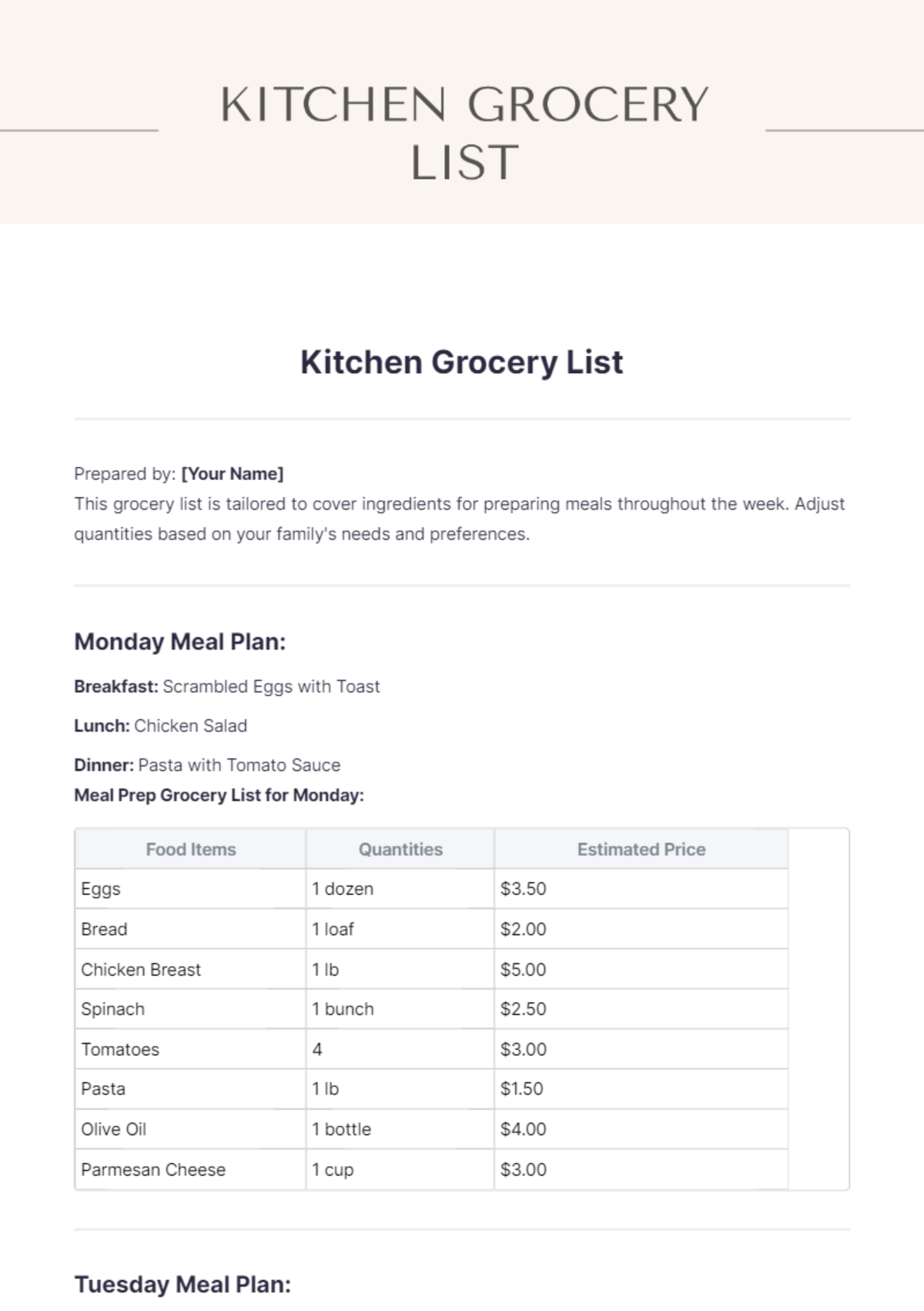 Kitchen Grocery List Template - Edit Online & Download