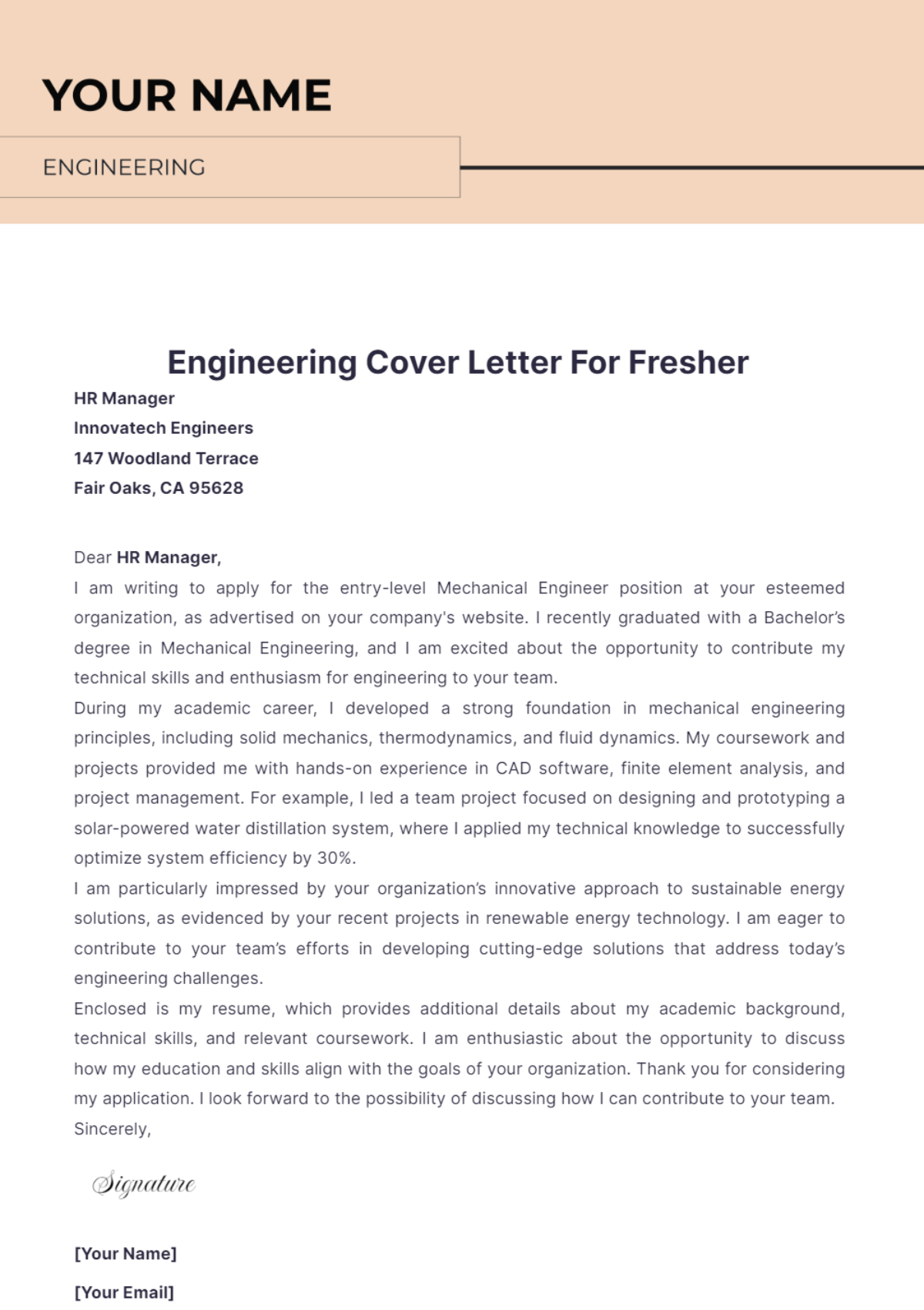 Engineering Cover Letter For Fresher - Edit Online & Download