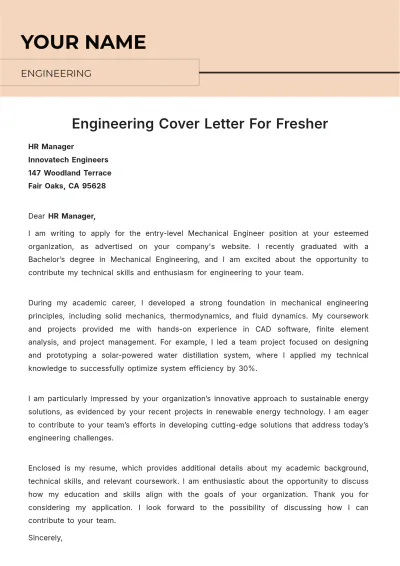 Free Engineering Cover Letter For Fresher to Edit Online