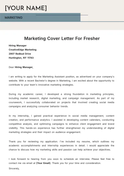 Free Marketing Cover Letter For Fresher to Edit Online