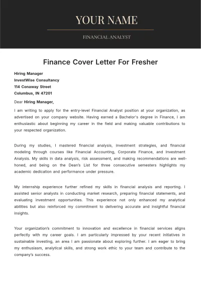 Free Finance Cover Letter For Fresher to Edit Online