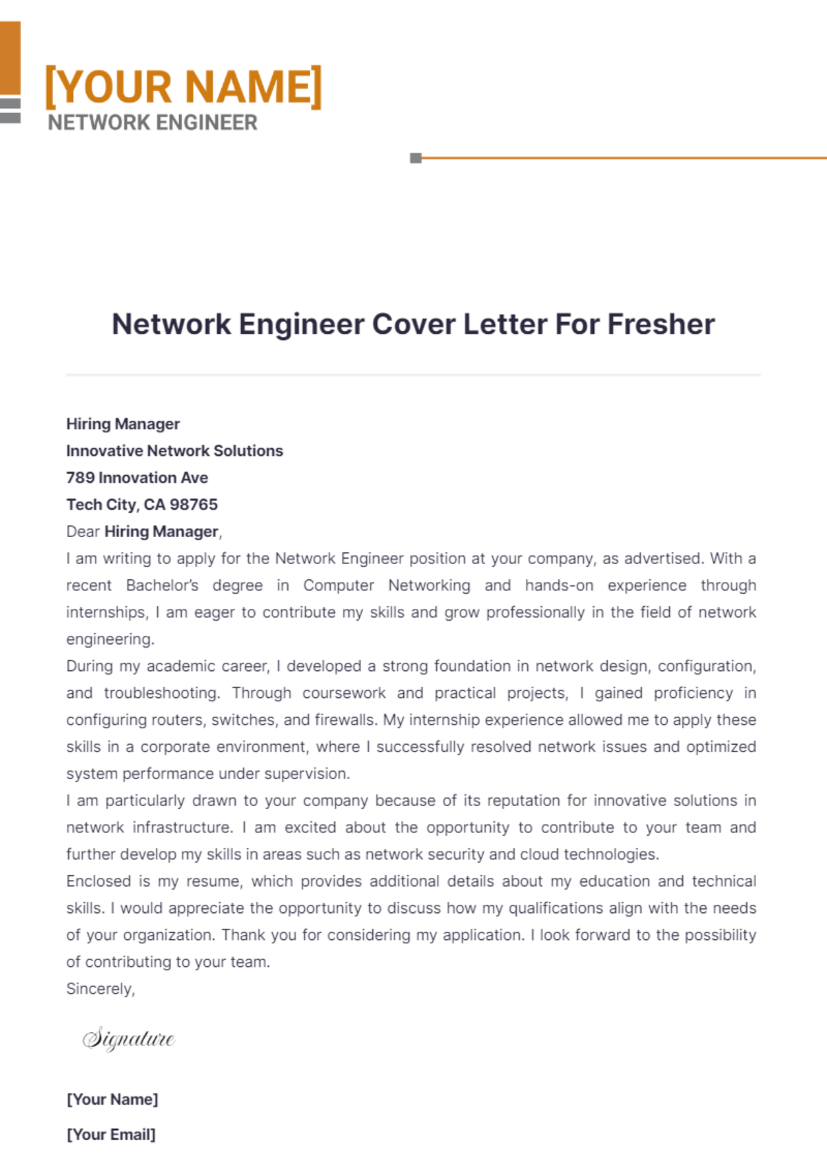 Network Engineer Cover Letter For Fresher - Edit Online & Download