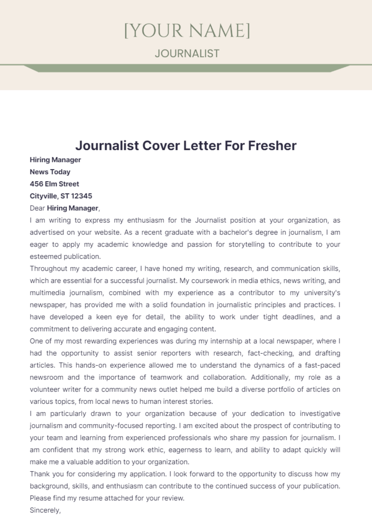 Journalist Cover Letter For Fresher - Edit Online & Download