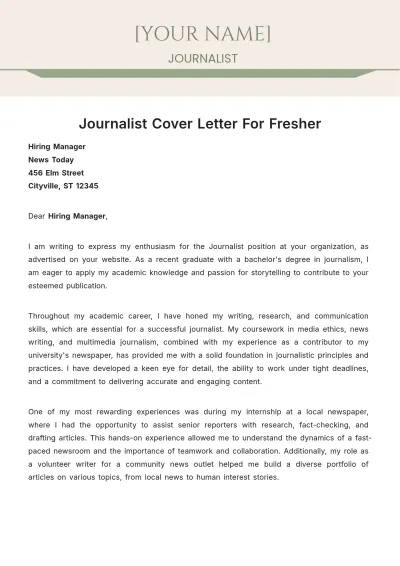 Free Journalist Cover Letter For Fresher to Edit Online