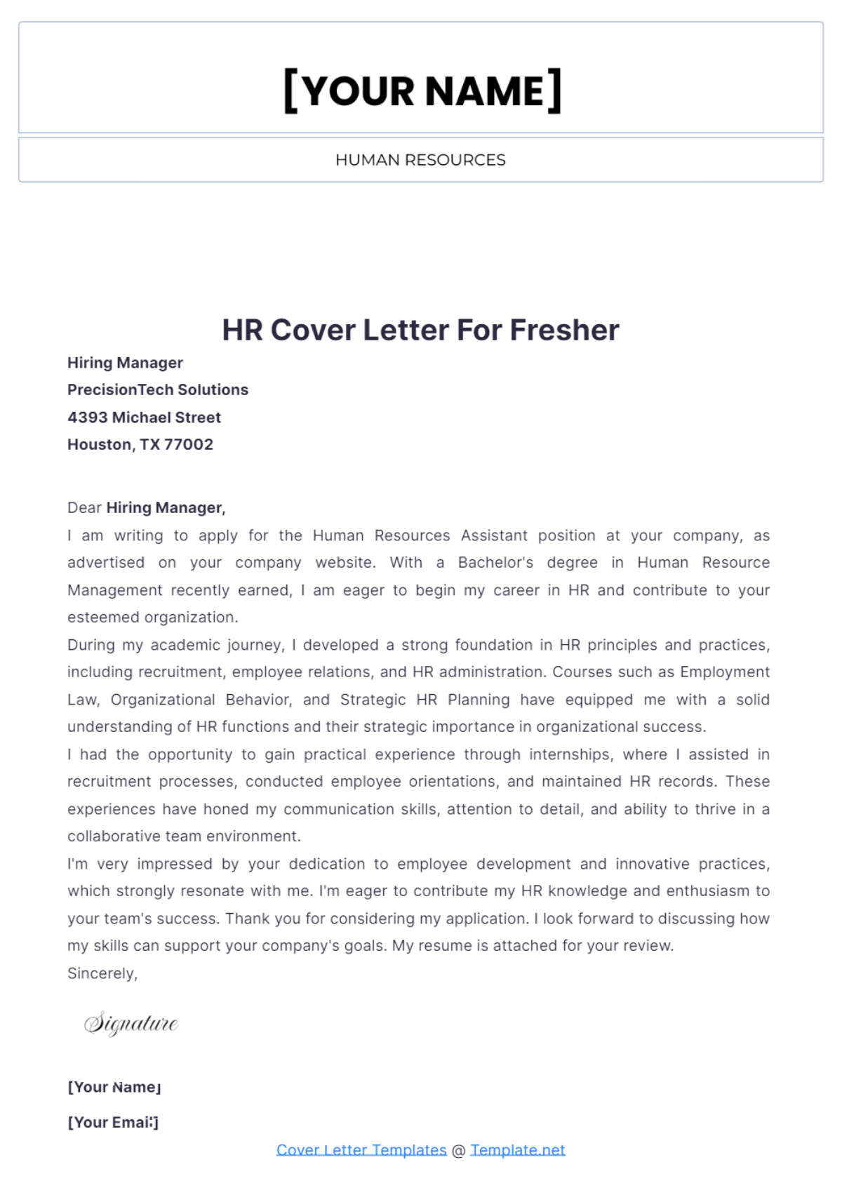 HR Cover Letter For Fresher - Edit Online & Download