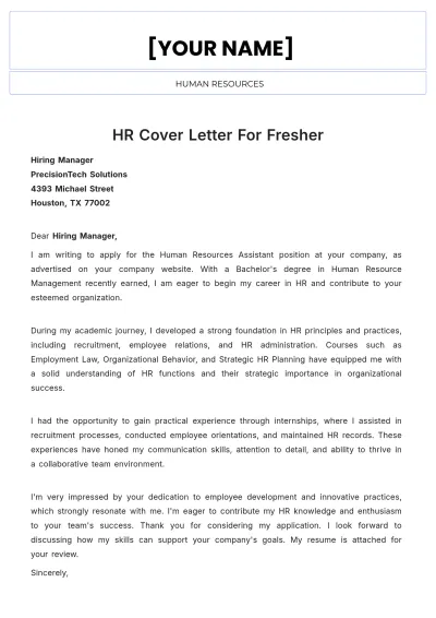 Free HR Cover Letter For Fresher to Edit Online