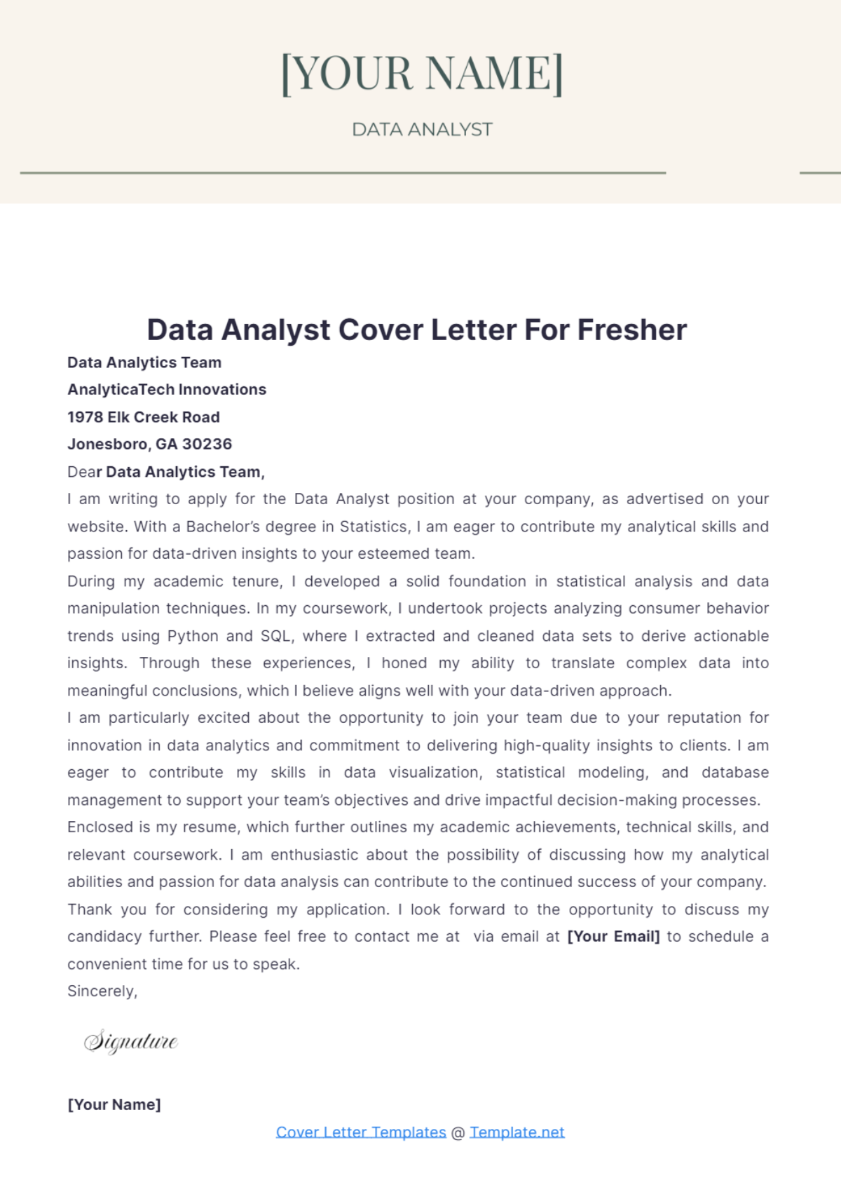 Data Analyst Cover Letter For Fresher - Edit Online & Download