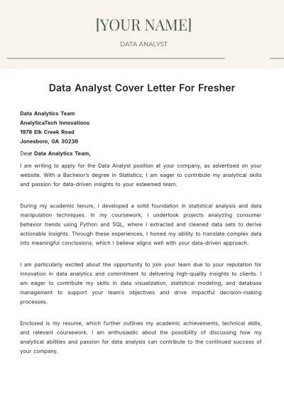 Free Data Analyst Cover Letter For Fresher to Edit Online