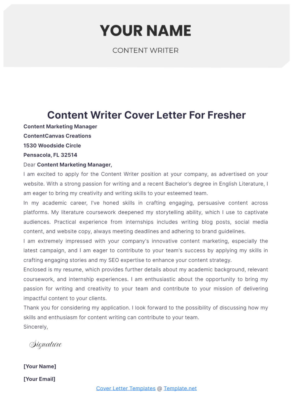 Content Writer Cover Letter For Fresher - Edit Online & Download